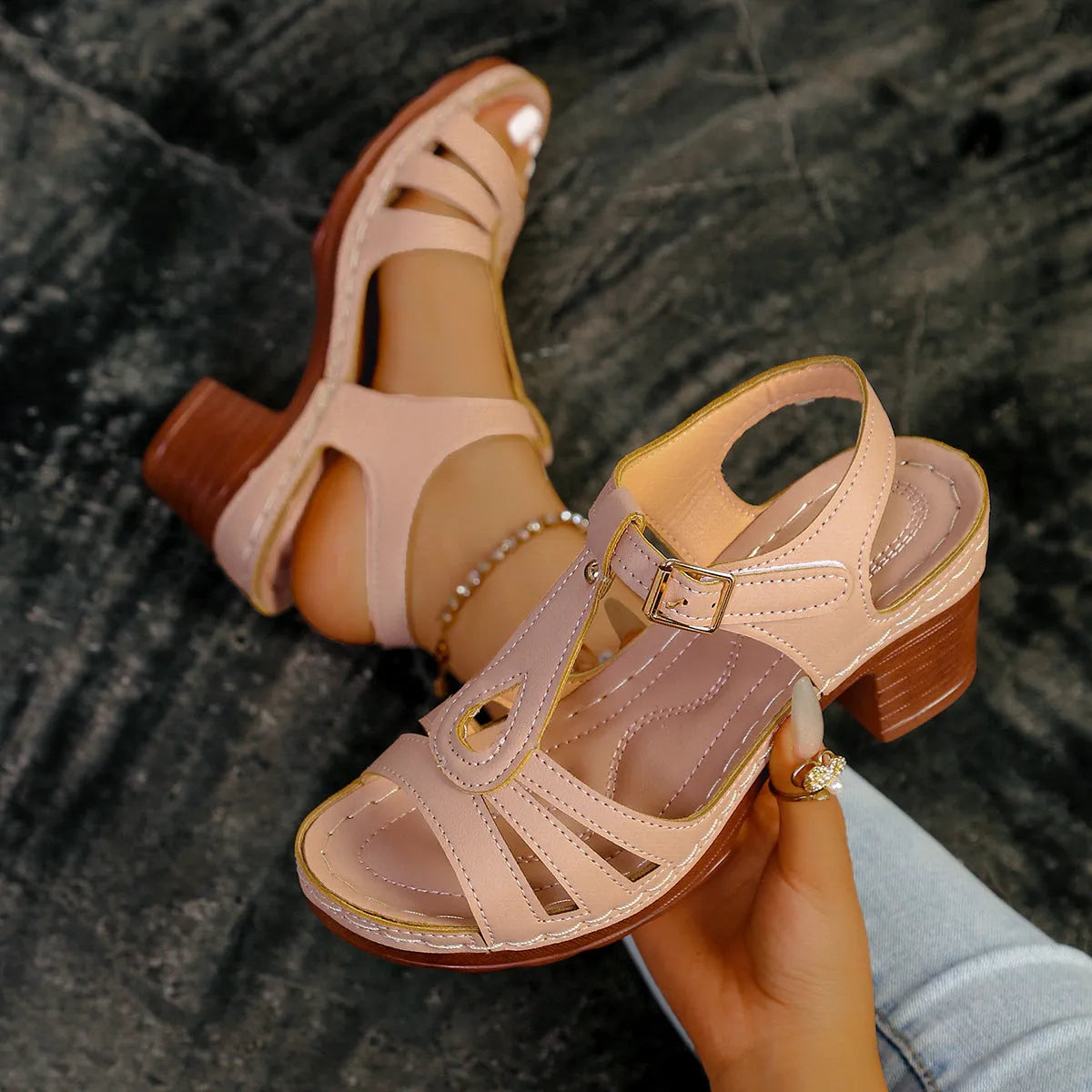 Women's peep toe wedge platform sandals in a light colour with a buckle strap