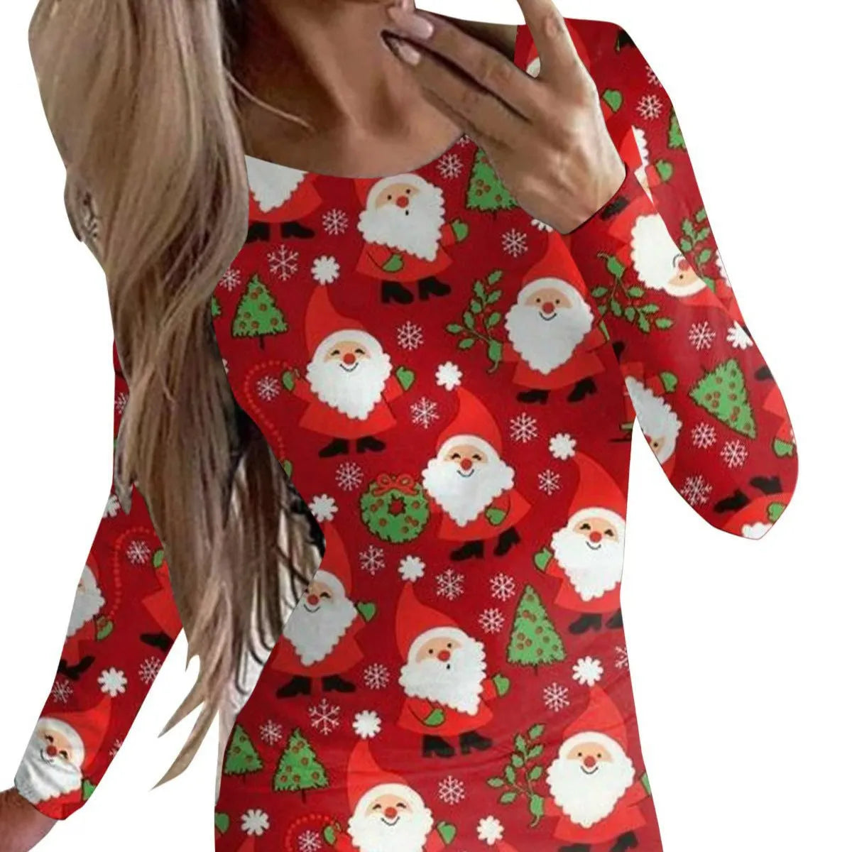 Printed floral Christmas dress with round neck and long sleeves in fitted design