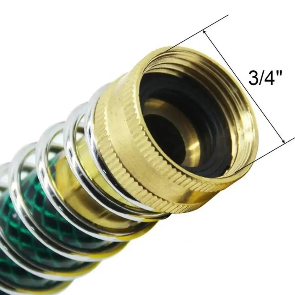 Brass garden spring hose connector with spiral spring, 15cm long with 3/4 inch threads.