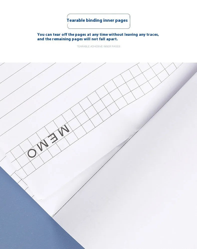 A4 tearable notebook with grid-lined ivory pages and wireless adhesive binding, shown in both A4 and A5 sizes