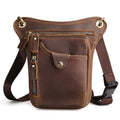 Men's brown crazy horse leather vintage satchel bag with a flap closure and adjustable shoulder strap.