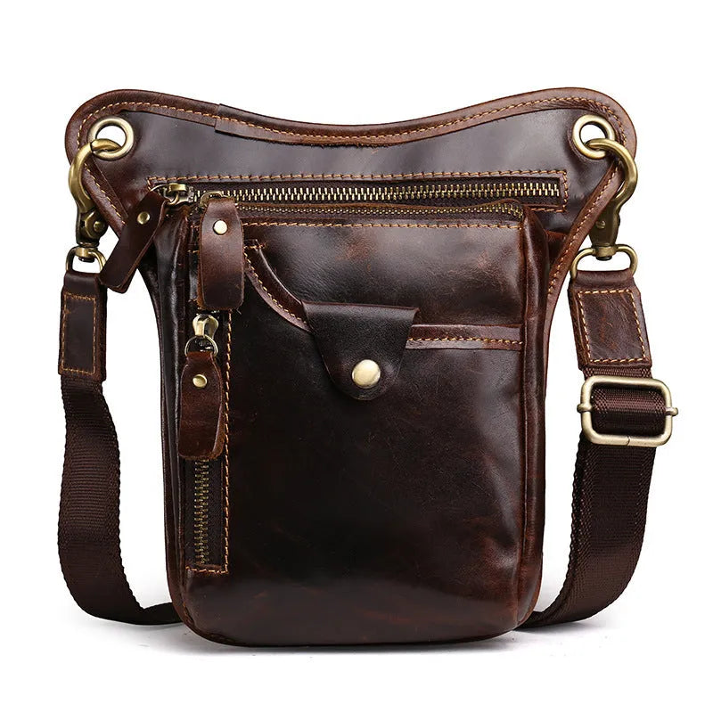 Men's brown crazy horse leather vintage satchel bag with a flap closure and adjustable shoulder strap.