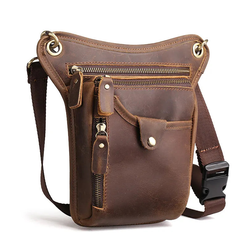 Men's brown crazy horse leather vintage satchel bag with a flap closure and adjustable shoulder strap.