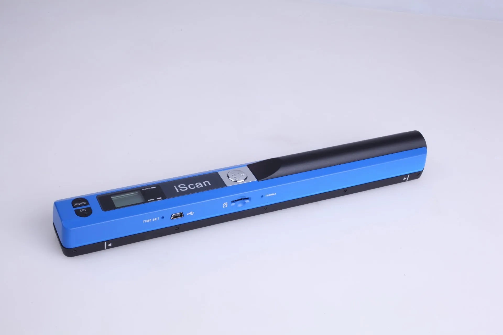 Handheld plastic barcode scanner in black, blue, green, red or silver colour with trigger button