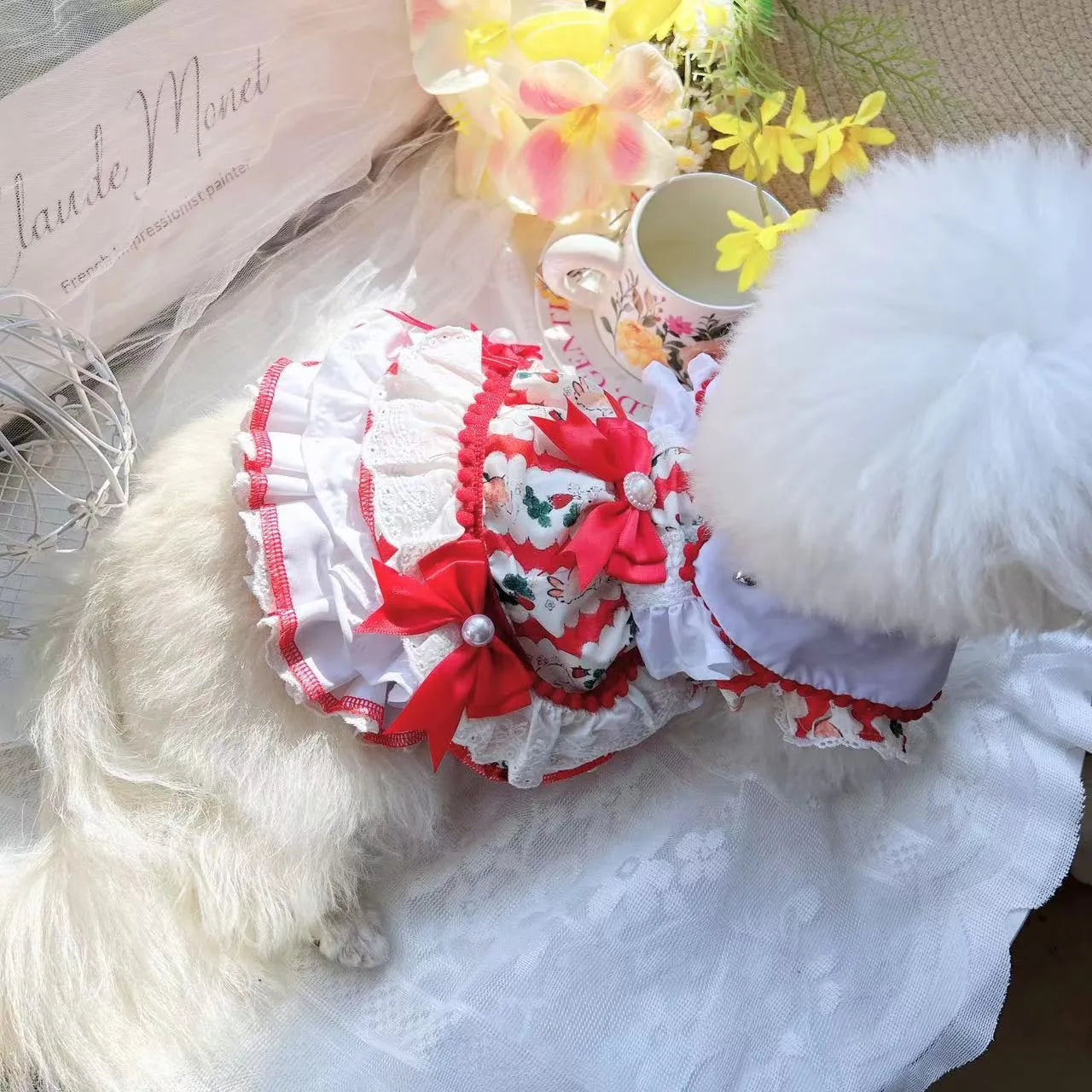 Polyester rabbit skirt dog clothes princess style costume on small dog showing chest and back measurements