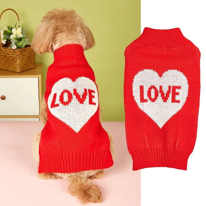 Red love heart design dog sweater on a small dog, showing acrylic knit fabric and playful motif.