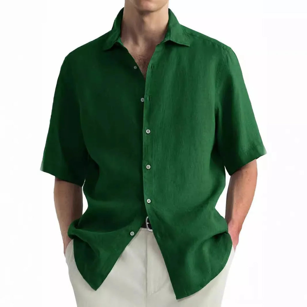 Men's green washed cotton casual shirt with cardigan-style closure in regular fit