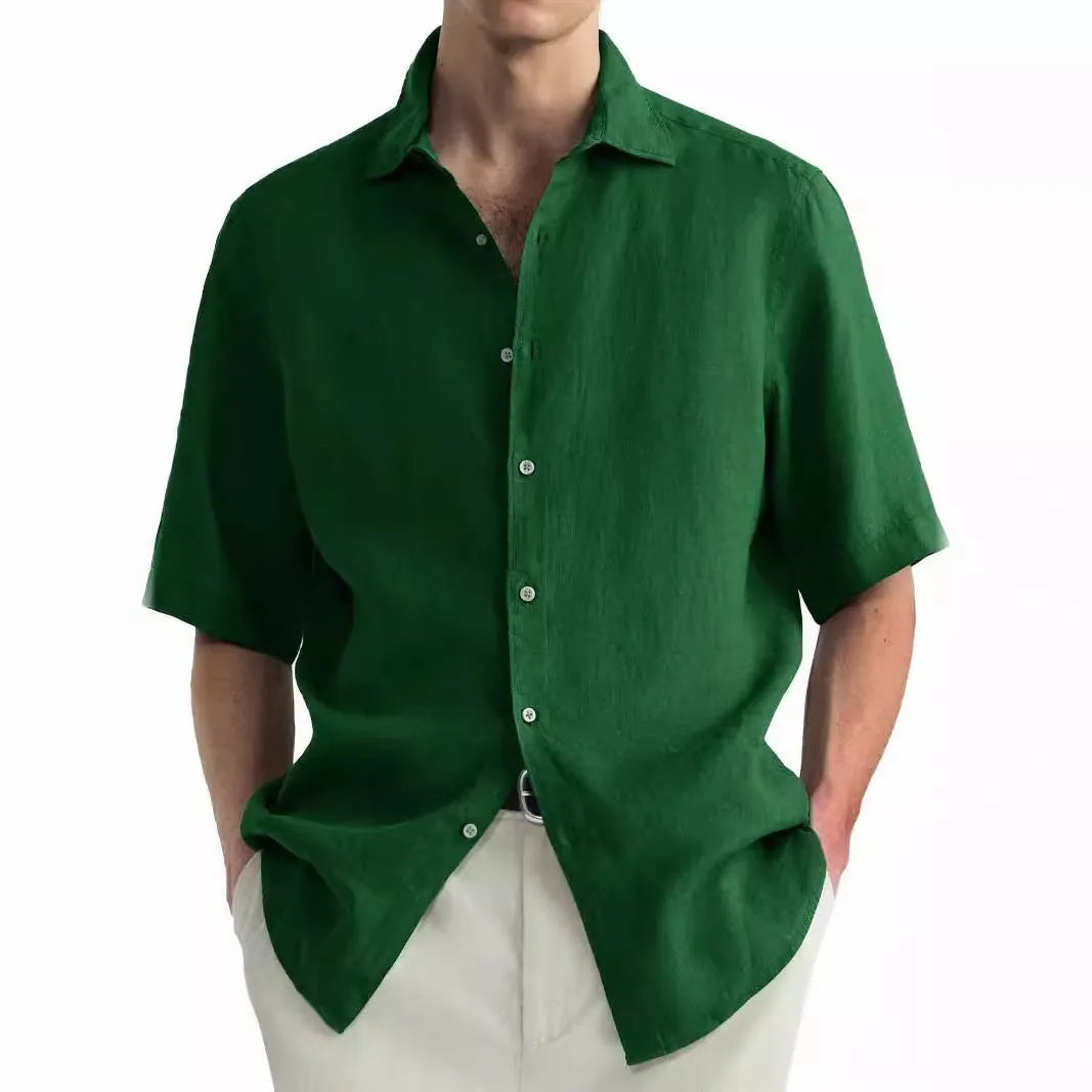 Men's green washed cotton casual shirt with cardigan-style closure in regular fit