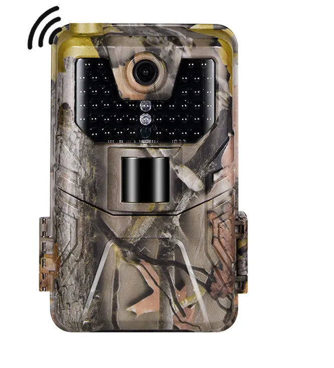 Camouflaged outdoor Bluetooth hunting camera with infrared LEDs for night vision.