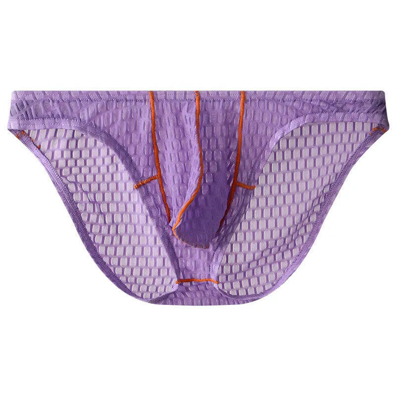 Men's low-waist lace briefs in white, black, green, red, and purple colours laid flat.