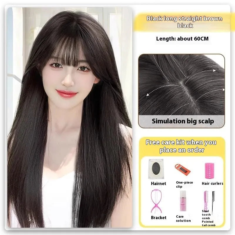 Forehead lace long straight full-head wig in dark brown colour with side bangs styling