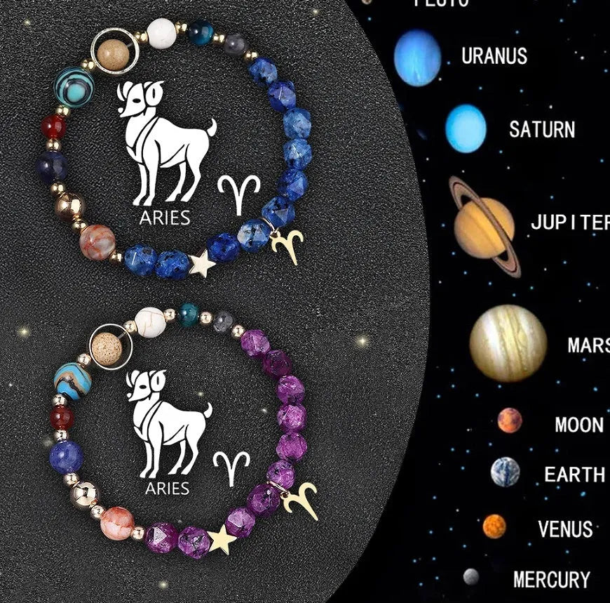 Set of twelve natural stone beaded bracelets featuring different zodiac sign designs