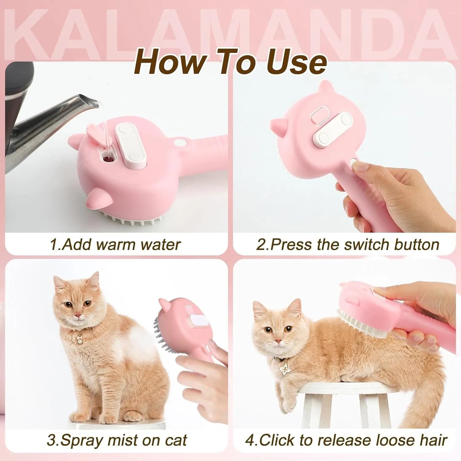 Blue 4-in-1 cat steam brush with ergonomic handle and soft rubber bristles for pet grooming