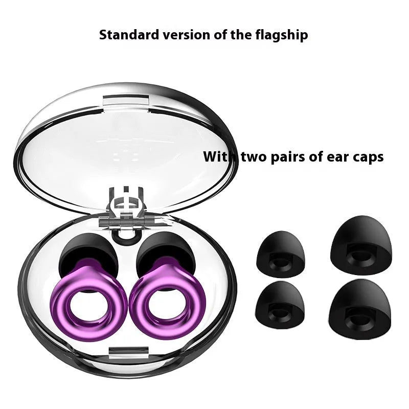 Noise reduction sleep earplugs with storage box and spare ear caps in five colour options
