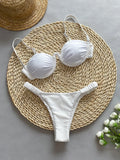 Women's black underwire bikini swimsuit set with brief bottom on a mannequin.