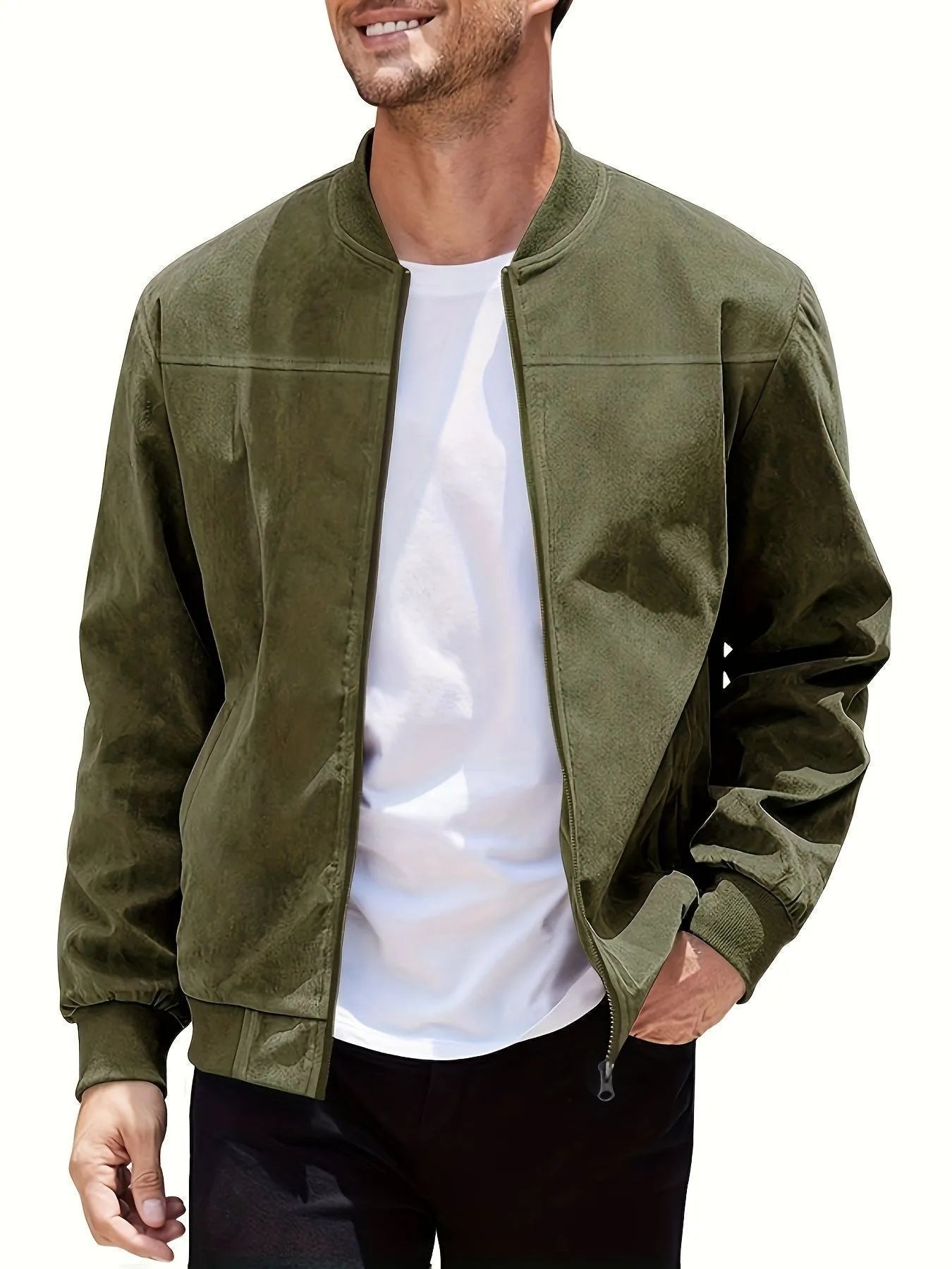 Men's plus size suede zipper jacket in army green with cotton lining, shown in regular fit.
