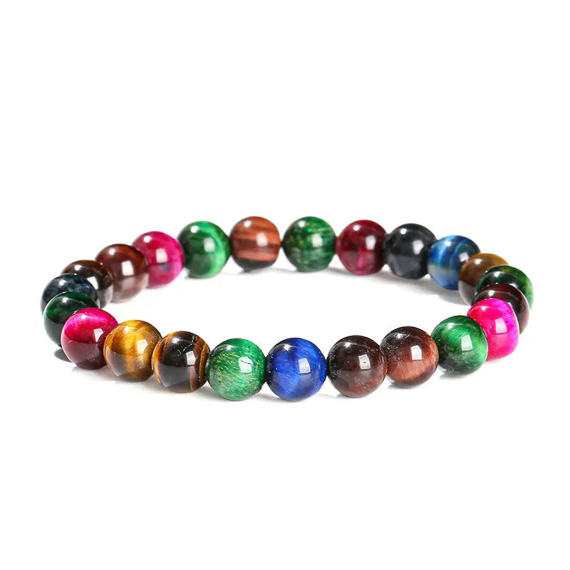 Colourful Tiger Eye women's bracelet with round beads in 6mm, 8mm, 10mm, and 12mm sizes on a mixed string.