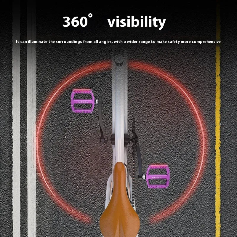 Aluminium alloy bicycle pedal with integrated 710LED lighting in five colour options