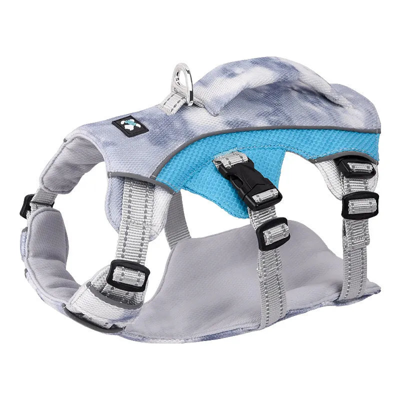 Light blue reflective dog cooling chest strap adjustable harness on a size chart.