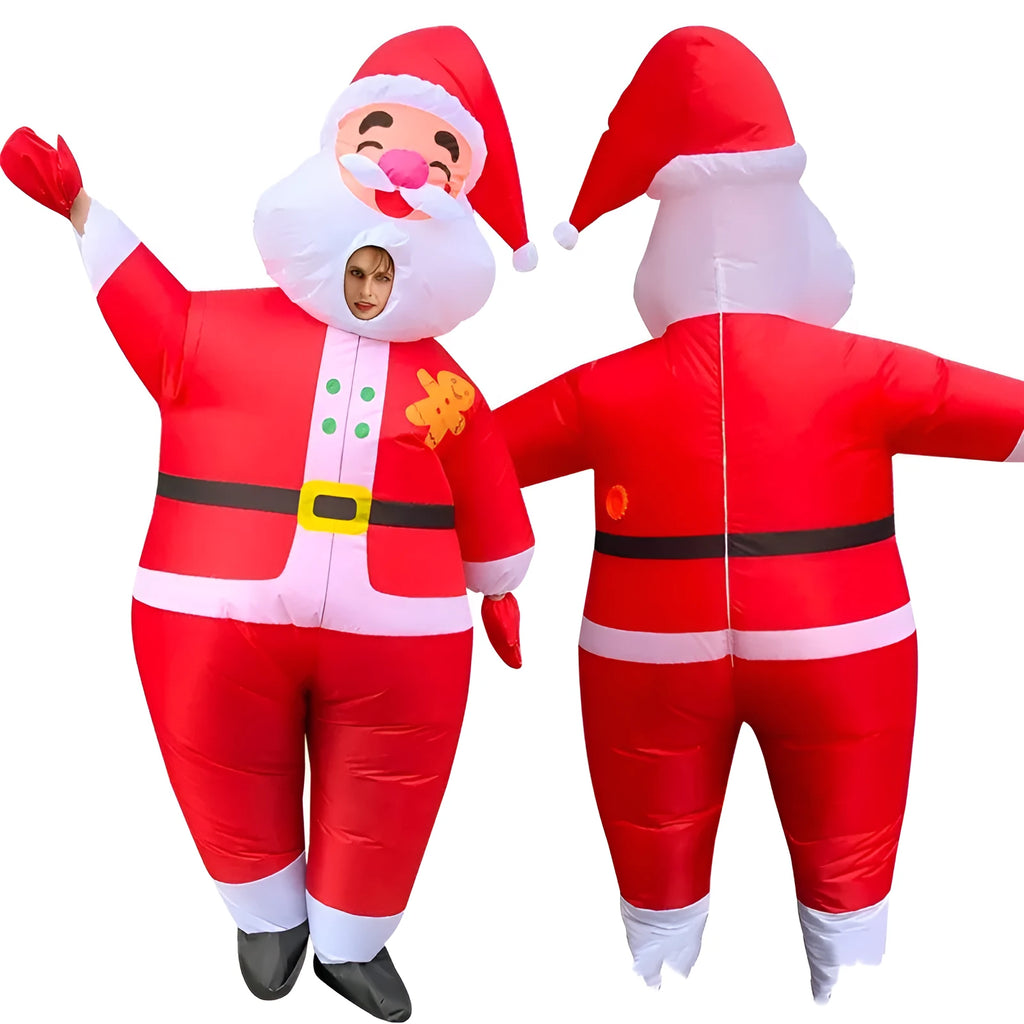 Christmas inflatable costume suit for adults showing cloth construction with fan and battery box