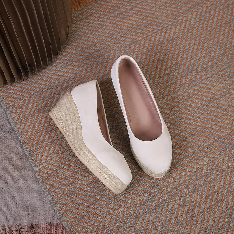 Women's wedge heel pumps with rope detail and thick platform sole in apricot colour