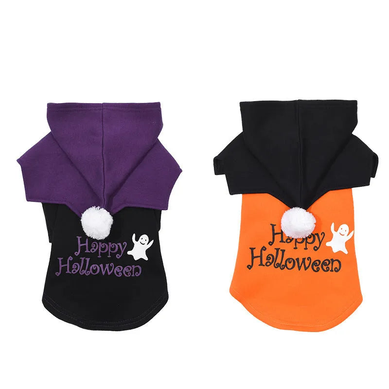 Black and orange Halloween pumpkin themed two-piece dog sweater and shawl set.