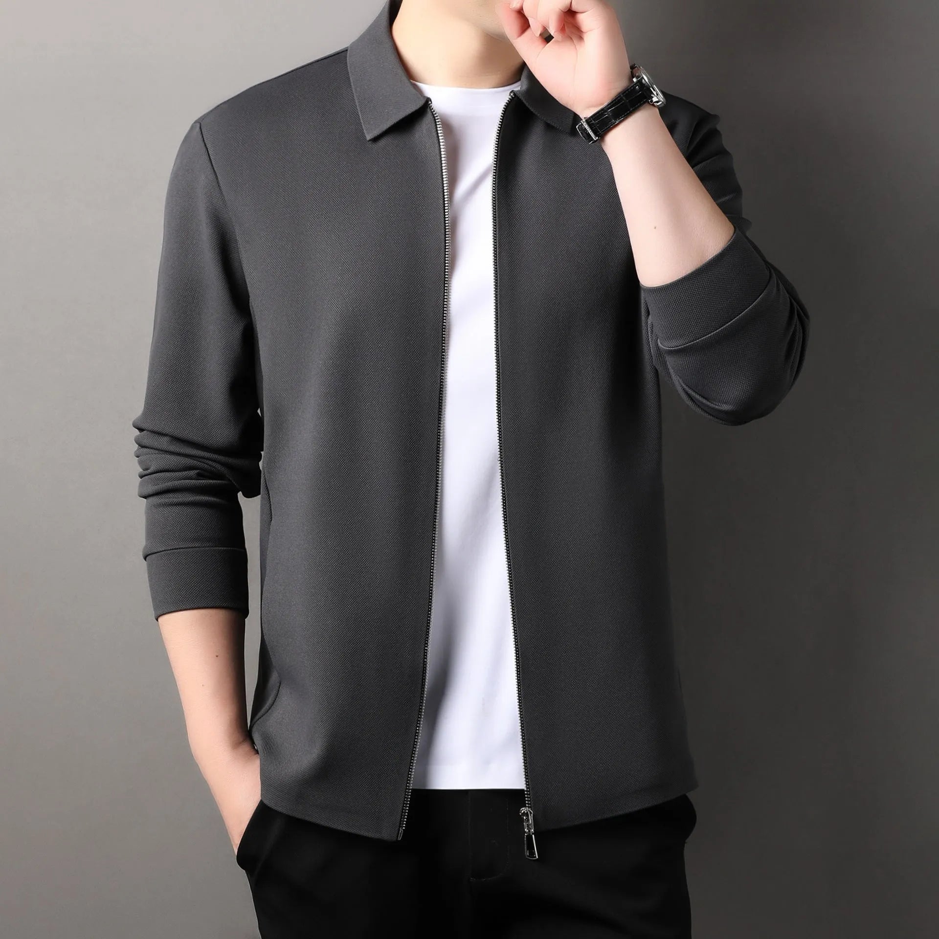Men's polyester business jacket in apricot colour with regular sleeves and straight hem design