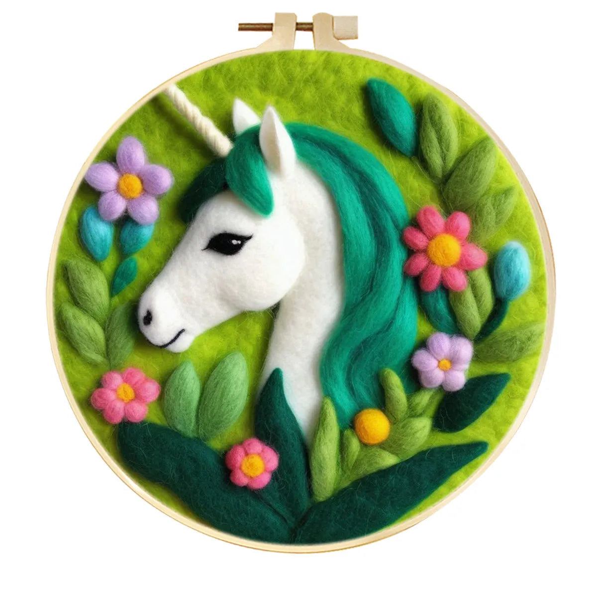 Round linen embroidery kit with wool felt pieces for 3D flowers and leaves, includes a free frame.