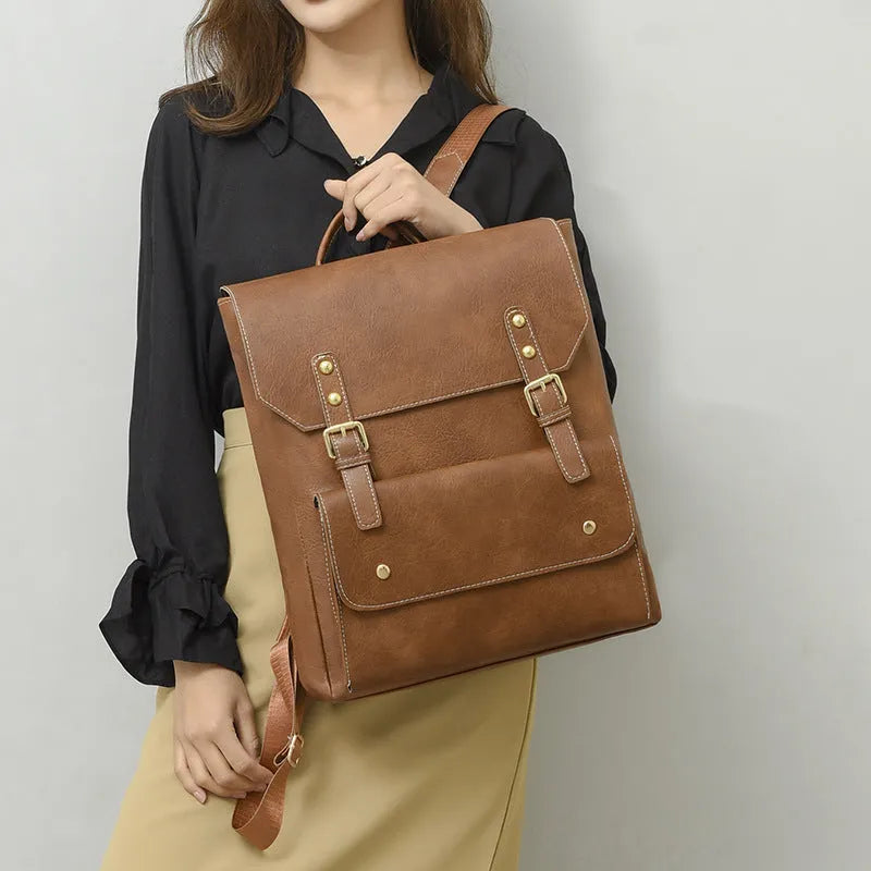 Soft Korean style retro backpack in black, brown, creamy white, or dark brown colours with ventilation features
