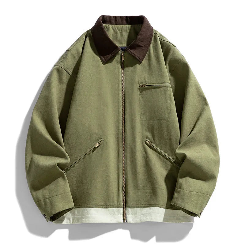 Men's loose fit casual jacket with contrast colour lapels and side seam pockets
