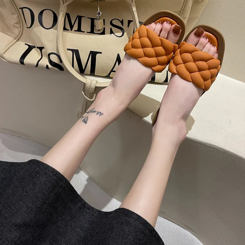 Women's plaid pattern beach sandals with thick anti-skid PVC soles in black, green, orange and white colours
