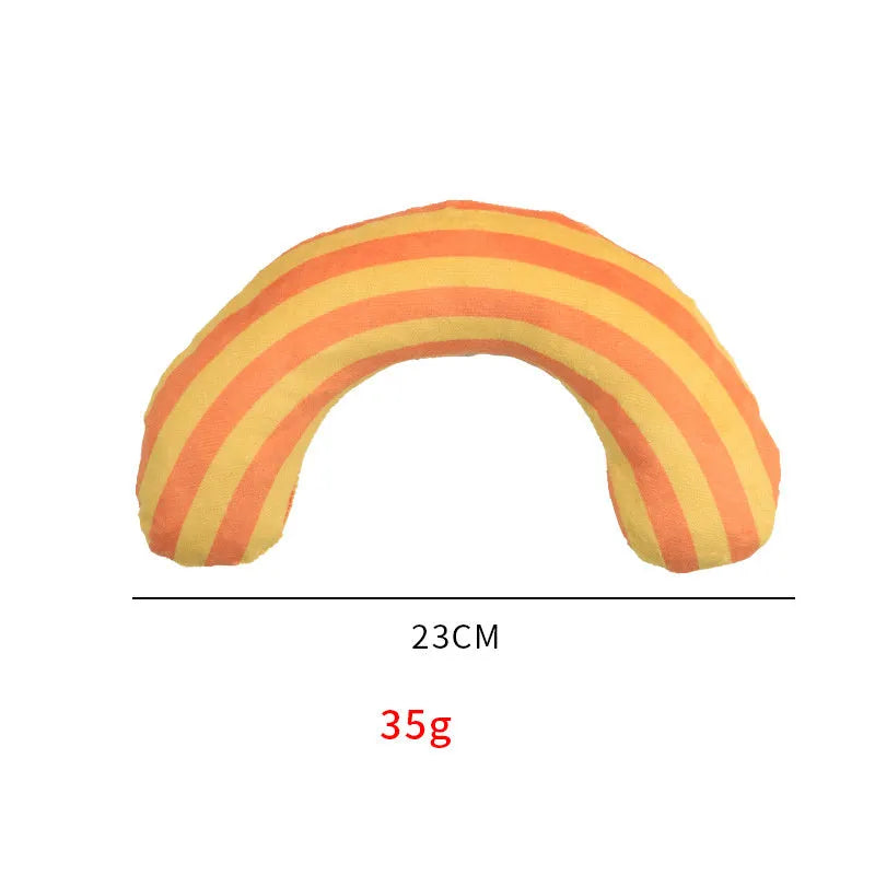 Striped pattern cat pillow toy measuring 23 by 20 cm with built-in catnip and noise features