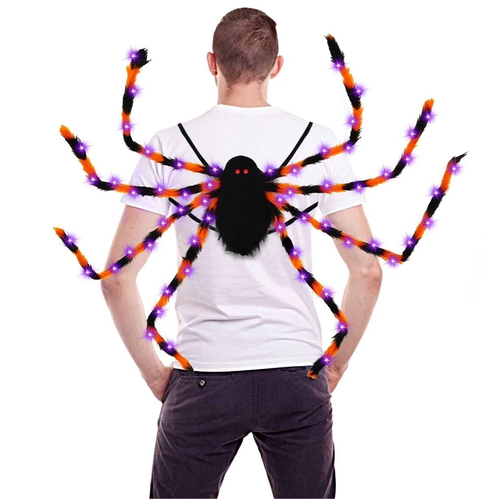 Plush Halloween Spider Backpack with purple LED lights, shown in one of five colour options.