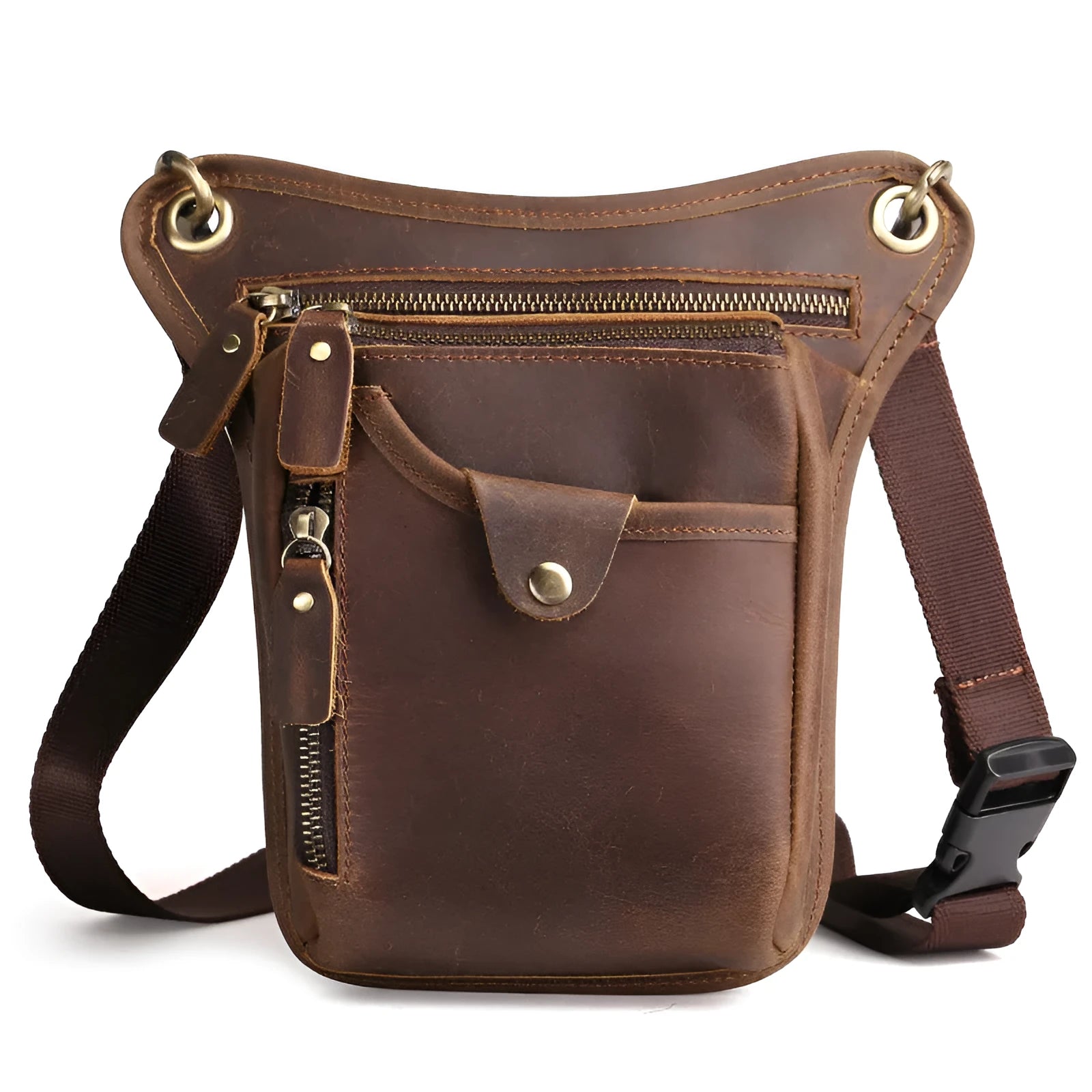Men's brown crazy horse leather vintage satchel bag with a flap closure and adjustable shoulder strap.