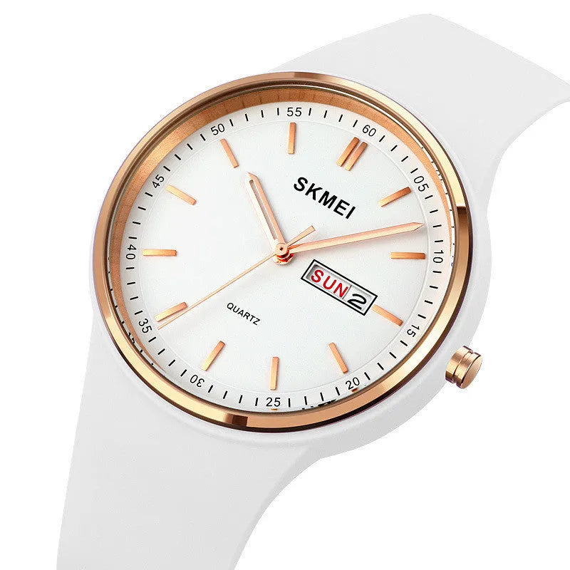 Quartz calendar watch with silicone strap, 42mm dial, waterproof to 30 metres in six colour options