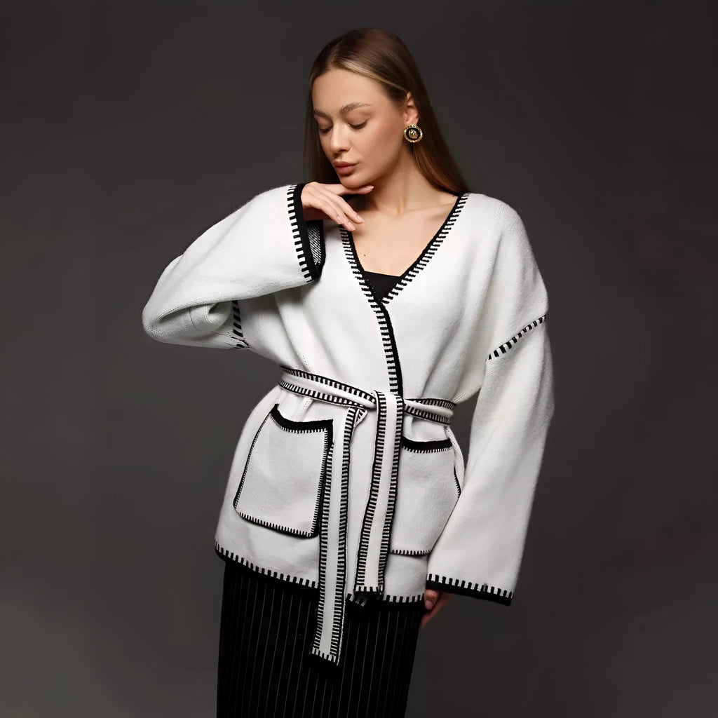 Loose lace-up knitted cardigan sweater coat in white, black, or camel colour with 50cm normal length