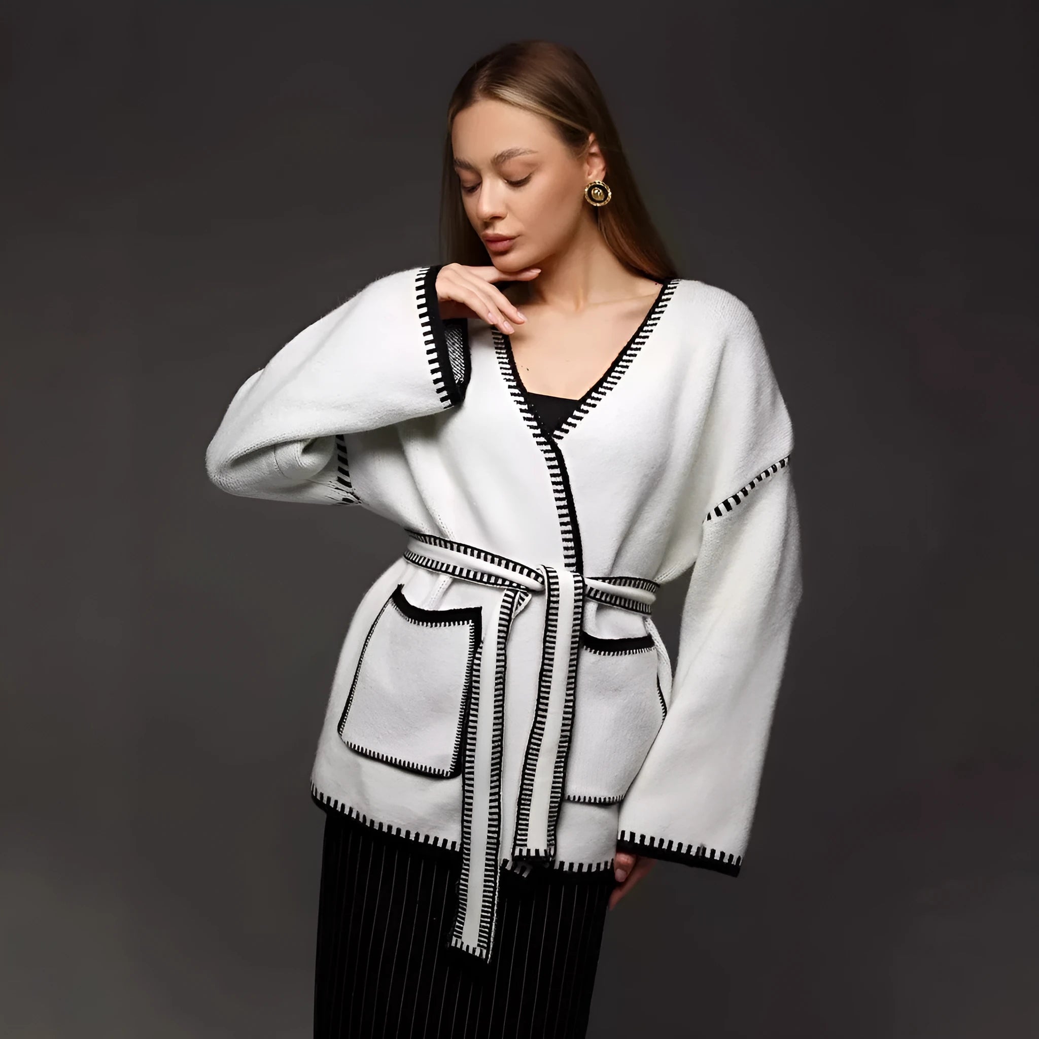 Loose lace-up knitted cardigan sweater coat in white, black, or camel colour with 50cm normal length