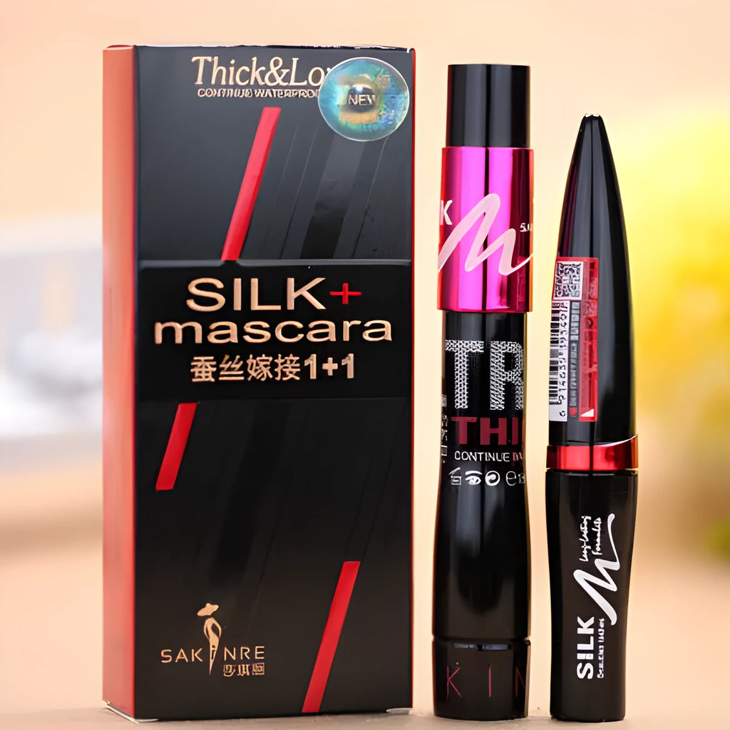 Black silk graft mascara tube with 10ml net content for thick dark lashes