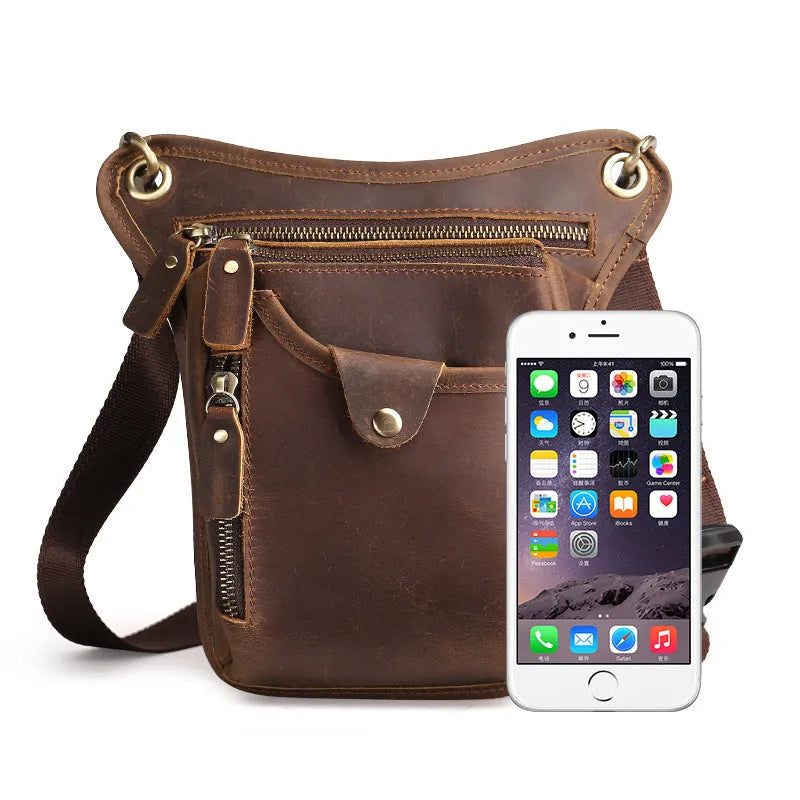 Men's brown crazy horse leather vintage satchel bag with a flap closure and adjustable shoulder strap.