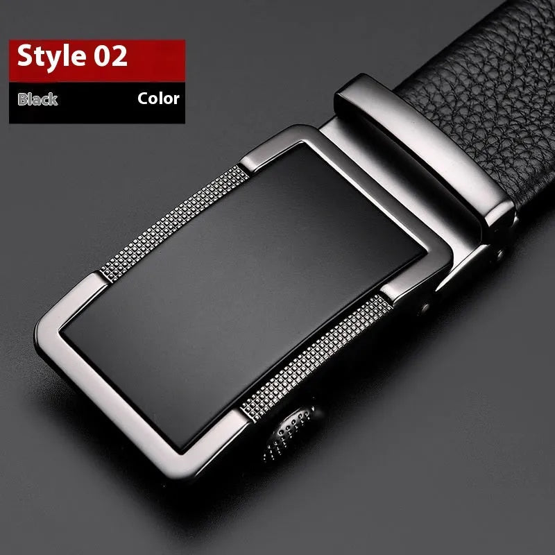 Men's leather automatic click belt in gold, silver, and gun black finishes showing buckle detail