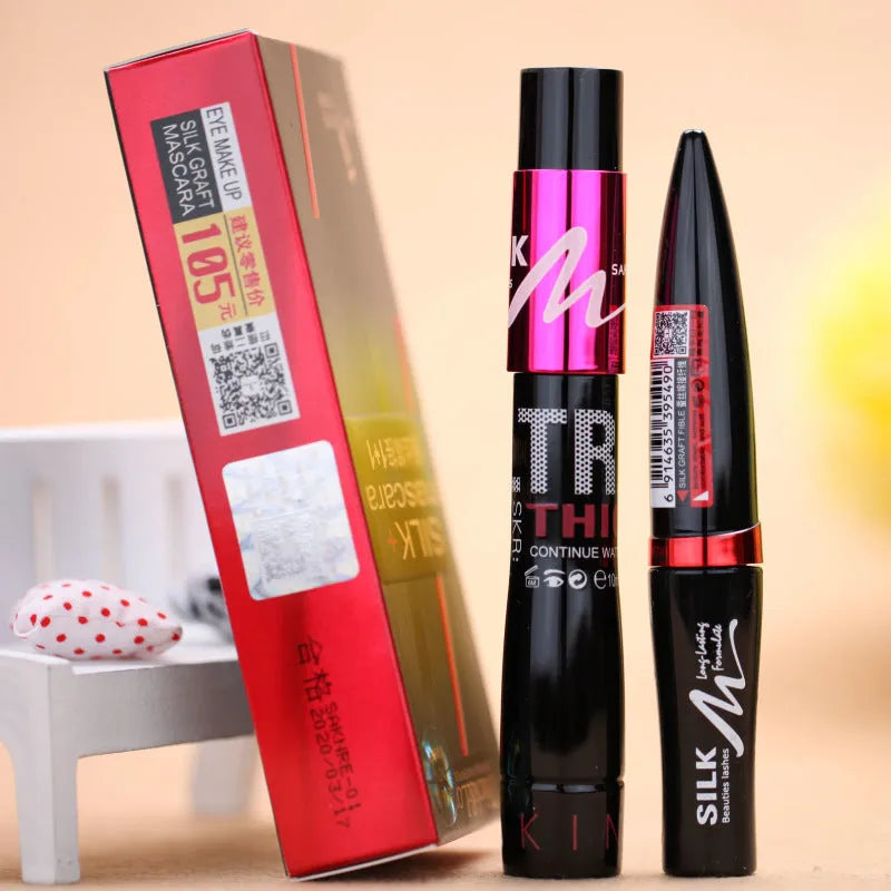 Black silk graft mascara tube with 10ml net content for thick dark lashes