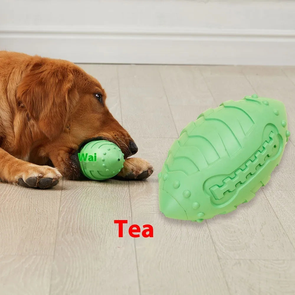 Bite-resistant light green rubber rugby ball dog toy for teeth cleaning and training
