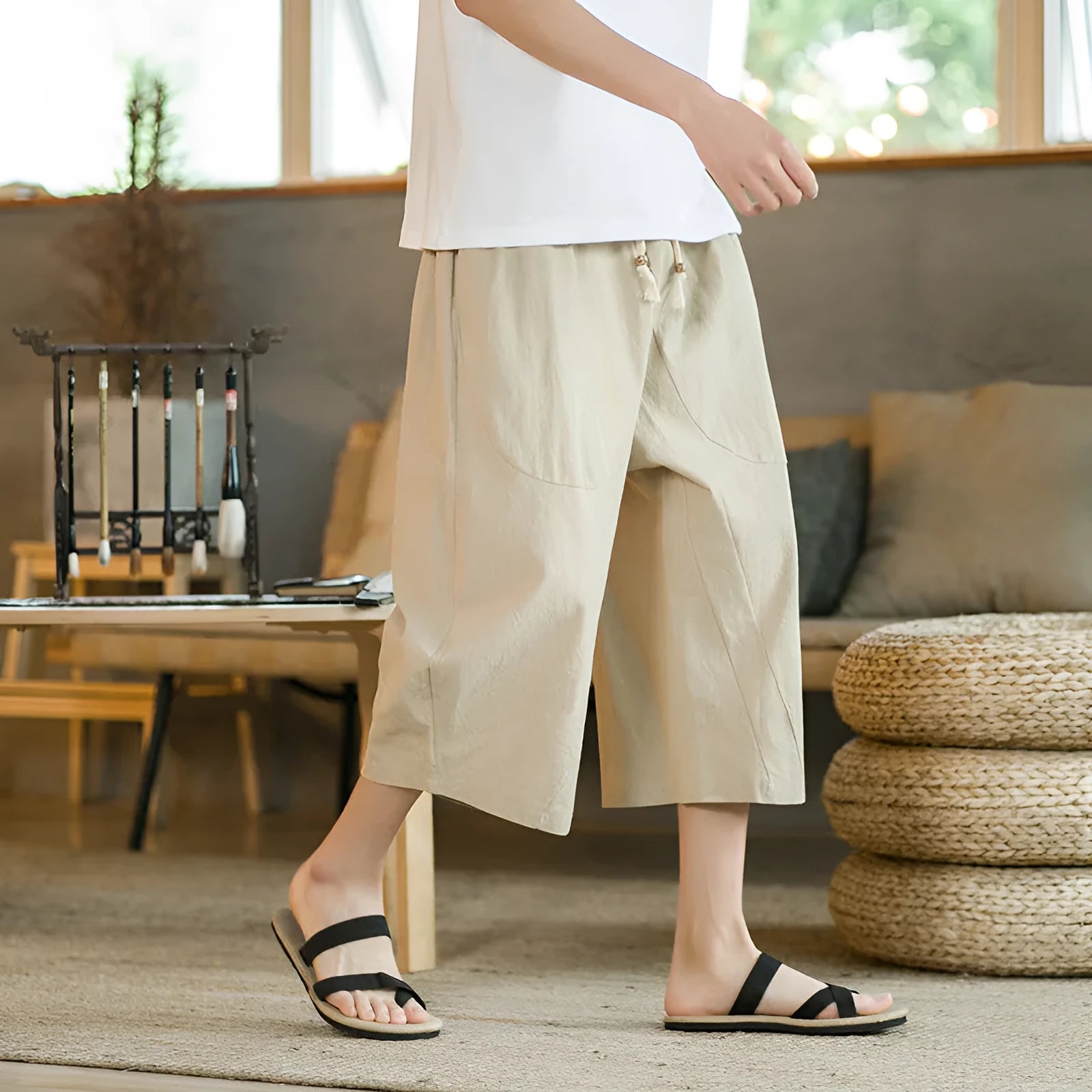 Pair of straight-leg skinny fit shorts in linen-cotton blend fabric, shown in khaki colour