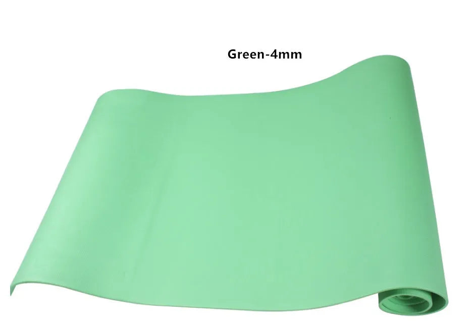 Red and blue EVA fitness yoga mats showing 4mm and 6mm thickness options on a wooden floor.
