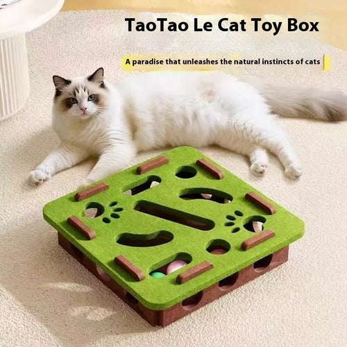 Square felt cat toy box with holes for interactive play in grey colour
