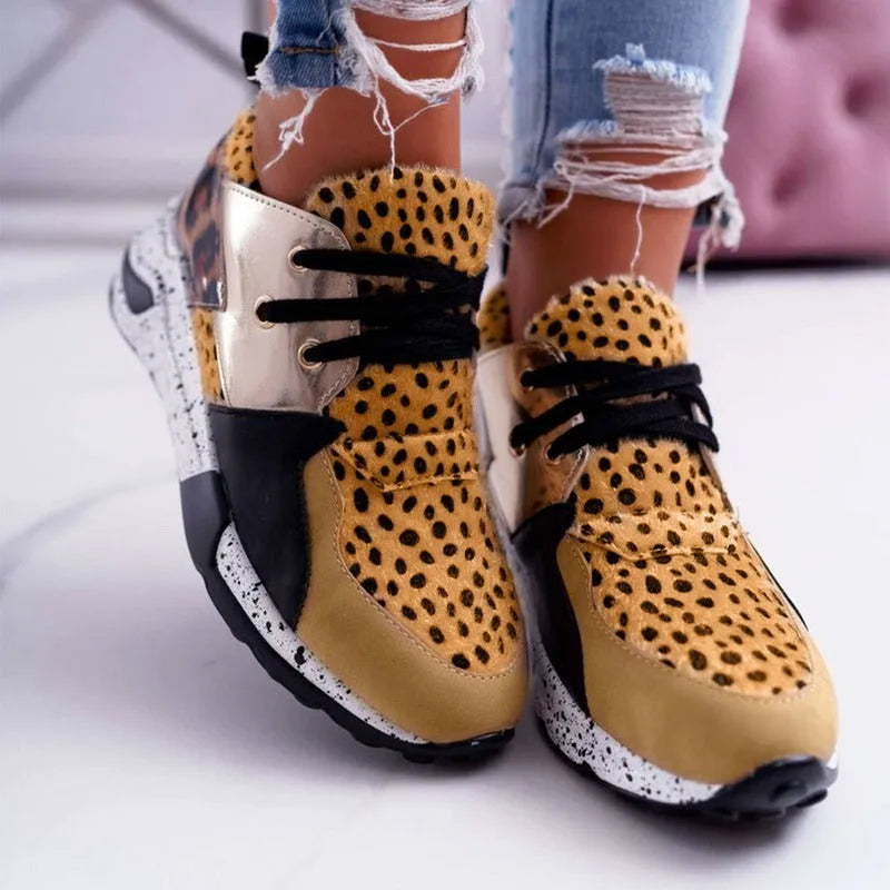 Women's suede casual sneakers with wedge heel in leopard print and snake pattern designs