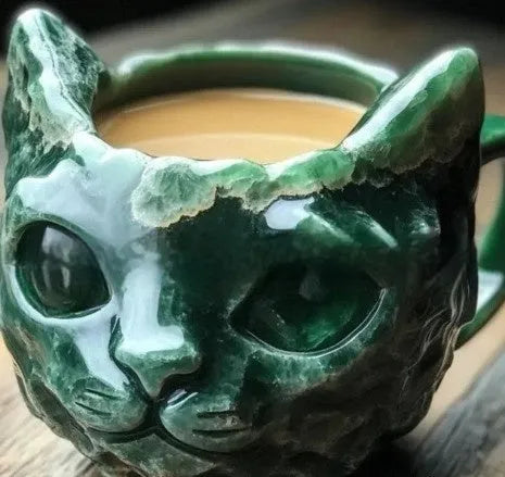 Purple geode cat mug with crystal design, synthetic resin construction, 11cm height