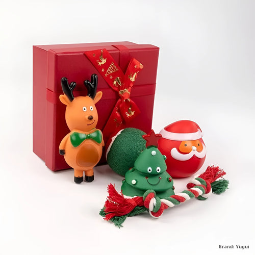 Seven Christmas gift bags containing vinyl dog toys with Santa heads, trees and deer figures