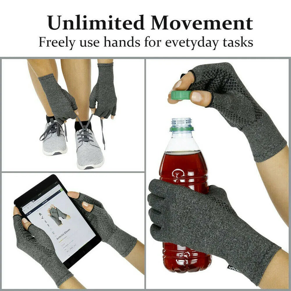 Grey half-finger compression gloves with anti-slip grip made from trueran spandex material