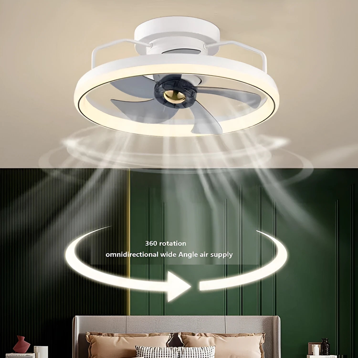Modern flush mount ceiling fan with integrated light, 500mm diameter with acrylic shade and PC blades.